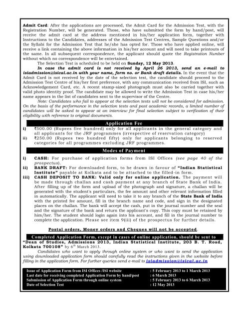 Instructions to fill up Application Form - Indian Statistical Institute