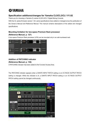 Specification additions/changes for Yamaha CL5/CL3/CL1 V1.02