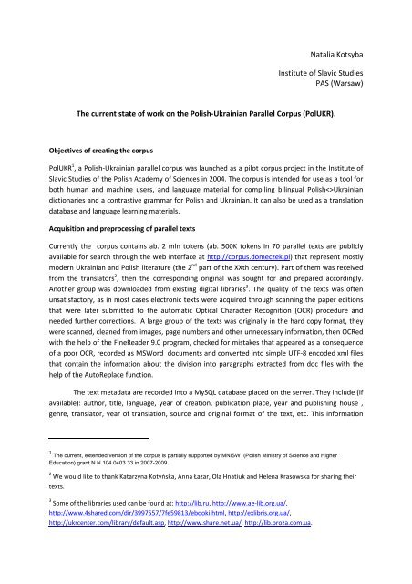 The current state of work on the Polish-Ukrainian Parallel Corpus
