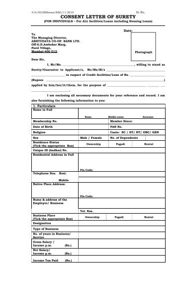 consent letter of surety - Abhyudaya Co-operative Bank Ltd.