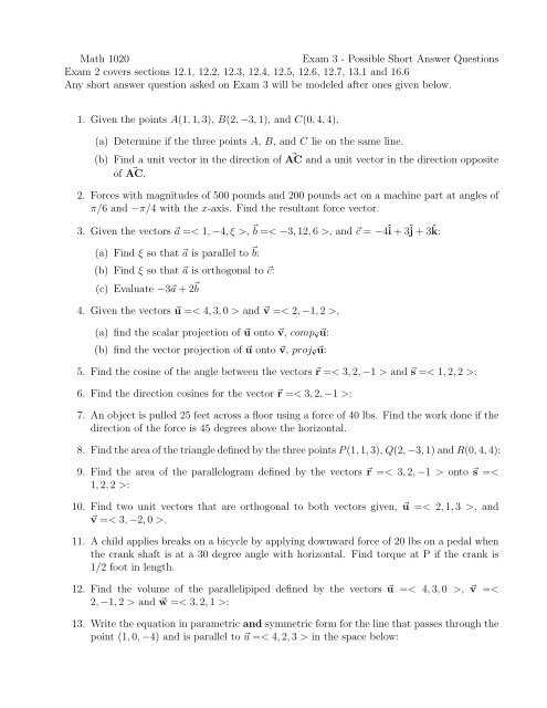 Math 10 Exam 3 Possible Short Answer Questions Exam 2