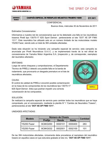 CampaÃ±a Especial de Reemplazo Neumatico Trasero YS250 Fazer