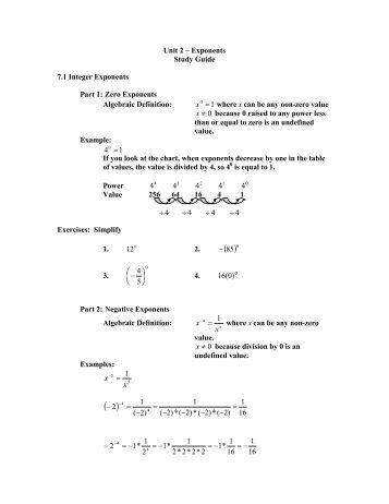 Unit 2 â Exponents Study Guide 7.1 Integer Exponents Part 1: Zero ...