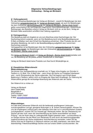 Allgemeine Verkaufsbedingungen Onlineshop - Verlag am Birnbach