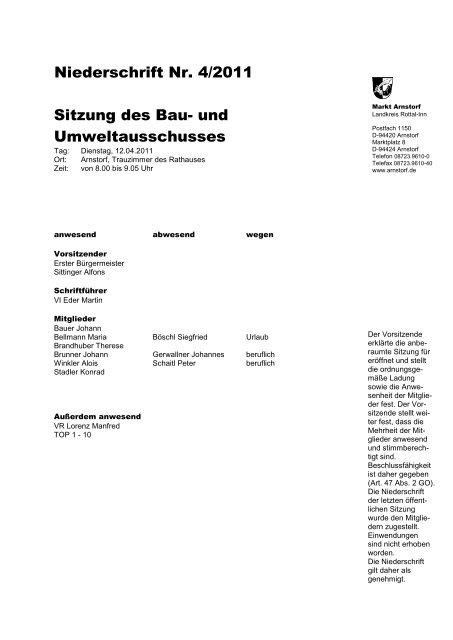 Sitzung des Bau- und Umweltausschusses Niederschrift ... - Arnstorf