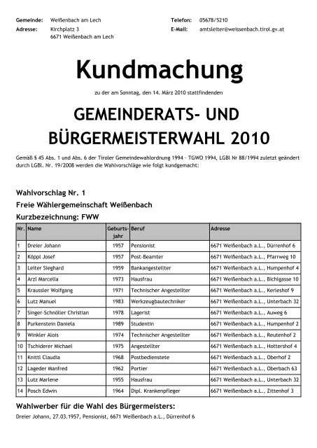 Kundmachung - Gemeinde WeiÃenbach am Lech