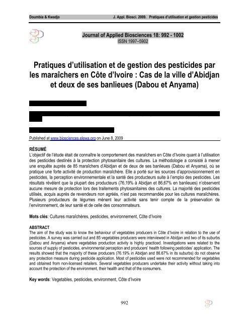 Pratiques d'utilisation et de gestion des pesticides par les ...