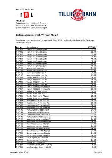 Tillig Strassenbahngleis LUNA Verkaufspreisliste 2012 - auf kml-log