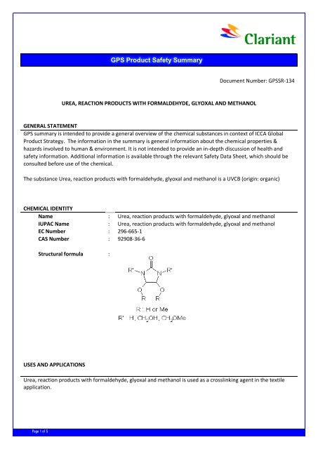 GPS SUMMARY REPORT 134 UREA-FORMALDEHYDE ... - Clariant