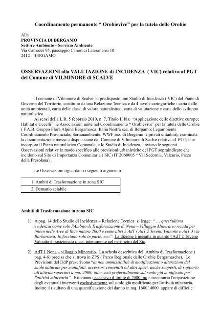 Prime osservazioni alla Provincia di Bg per il PGT di ... - Orobievive