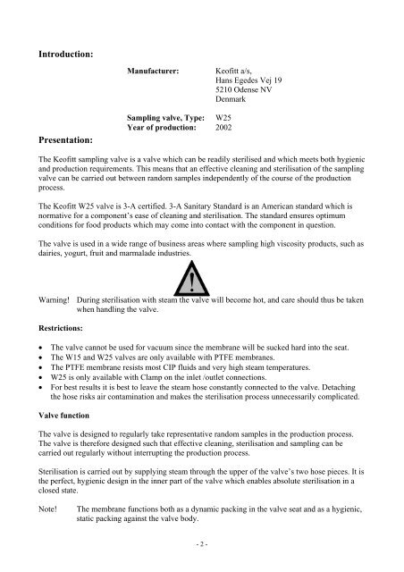 User manual for W25 sampling valve - Keofitt