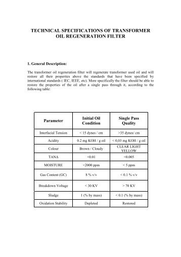 technical specifications of transformer oil regeneration filter