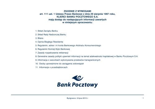 Zgodnie Z Wymogami Art 111 Ust 1 Ustawy Bank Pocztowy