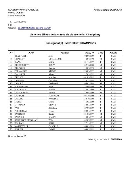 Liste des Ã©lÃ¨ves de la classe de classe de M. Champigny ...