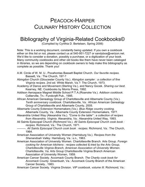 Bibliography of Virginia Related Cookbooks Special Collections