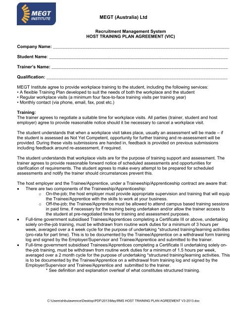 RMS-HOST Training Plan Agreement - Megt