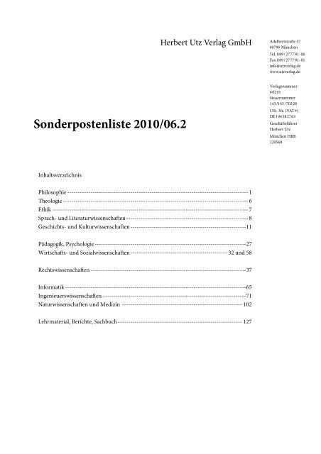 Sonderpostenliste 2010/06.2 - Herbert Utz Verlag GmbH