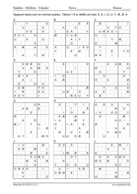 Sudoku - Mellem - Vokaler Navn: Klasse - GratisSkole.dk