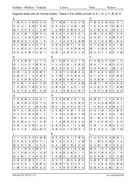 Sudoku - Mellem - Vokaler Navn: Klasse - GratisSkole.dk