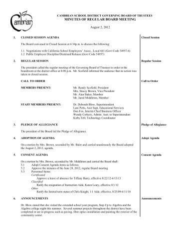 MINUTES OF REGULAR BOARD MEETING - Cambrian School District