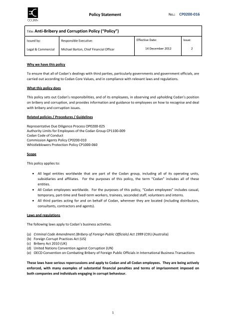 Policy Statement Title: Anti-Bribery and Corruption Policy (âPolicyâ)