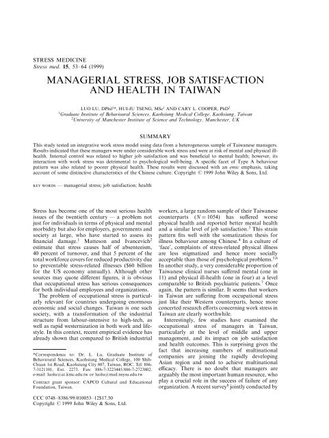 Managerial stress, job satisfaction and health in Taiwan