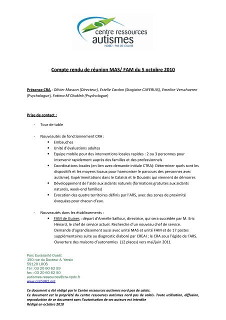 RÃ©union du 05 octobre 2010 - Centre Ressources Autismes