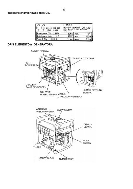 Instrukcja obsÃ…Â‚ugi agregatu Honda EM 30 - pdf [2.49 MB] - Wobis
