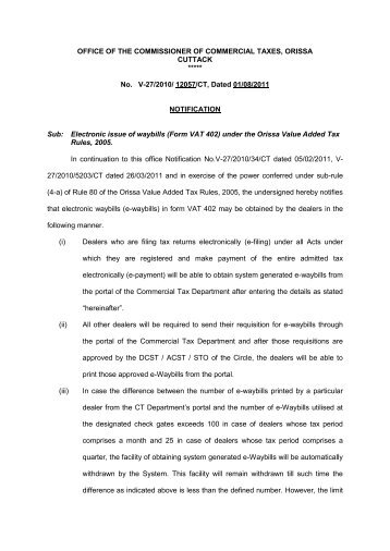 Electronic issue of waybills (Form VAT 402) under - Commercial Tax ...