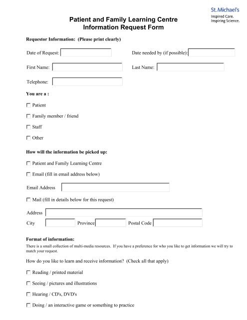 Patient and Family Learning Centre Information Request Form