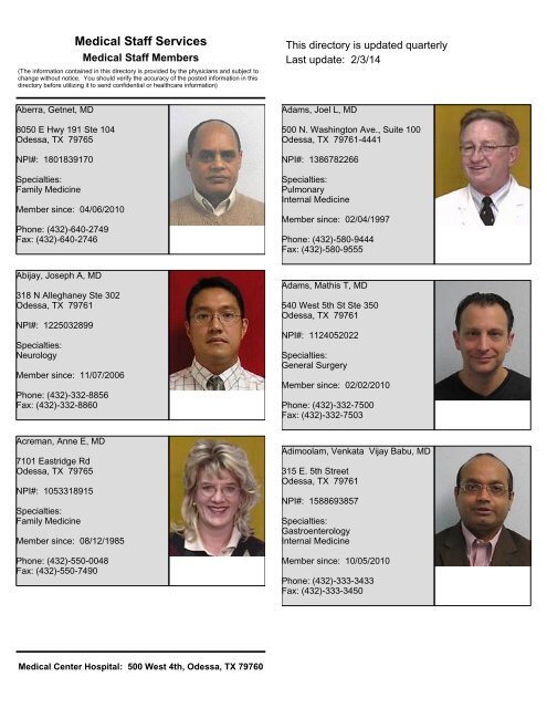 Important Doctors List.pdf Download Physician Directory (PDF) - Medical Center Hospital
