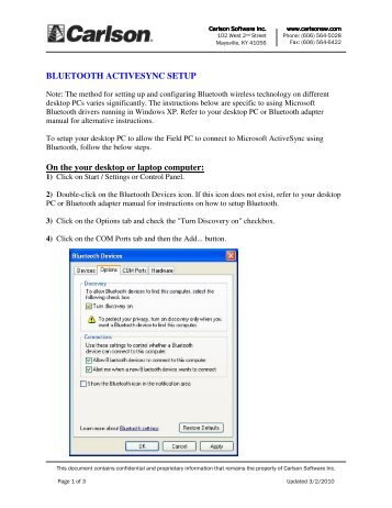 Bluetooth Activesync for WM6 - Carlson Software