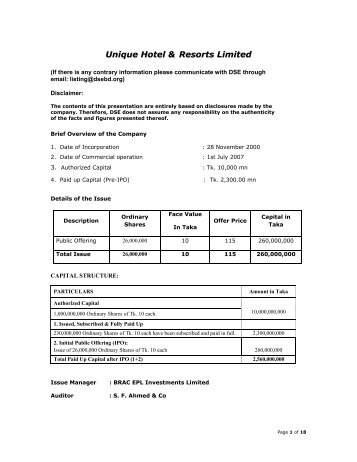 Unique Hotel & Resorts Limited - Dhaka Stock Exchange