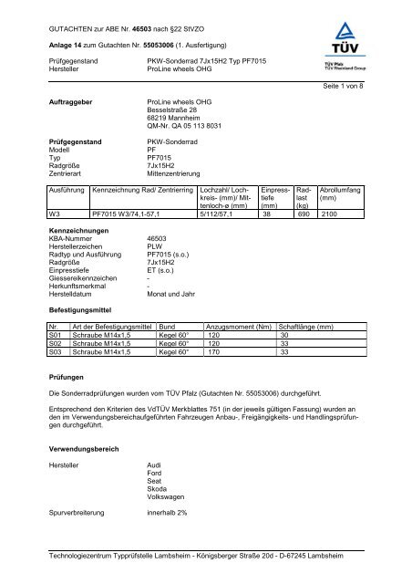 GUTACHTEN zur ABE Nr. 46503 nach Â§22 StVZO Anlage 14 zum ...