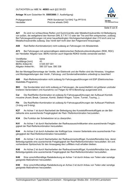 GUTACHTEN zur ABE Nr. 46503 nach Â§22 StVZO Anlage 14 zum ...