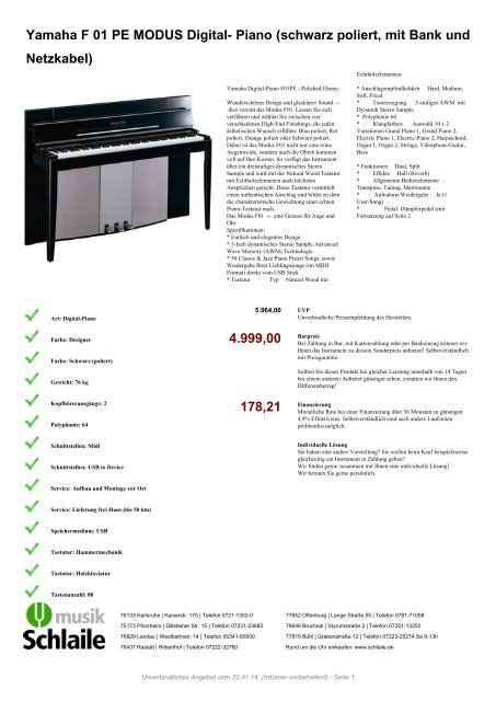 Yamaha F 01 PE MODUS Digital- Piano (schwarz poliert, mit Bank ...