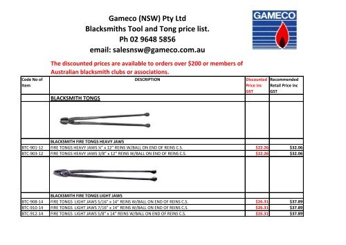 Blacksmith Tools and Tongs Price List - GAMECO