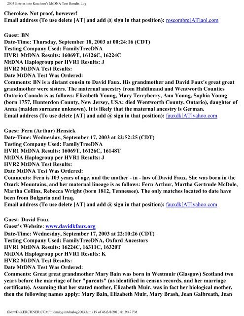 2003 Entries into Kerchner's MtDNA Test Results Log