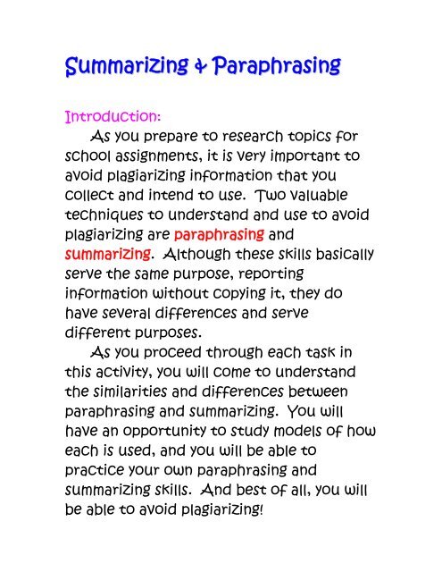 how do you differentiate summarizing from paraphrasing
