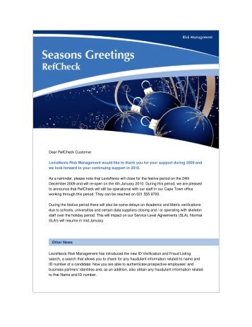 Seasons Greetings - AFIS Communication December 2009
