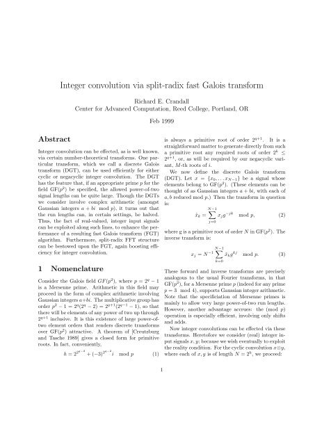 Integer convolution via split-radix fast Galois transform - Reed College