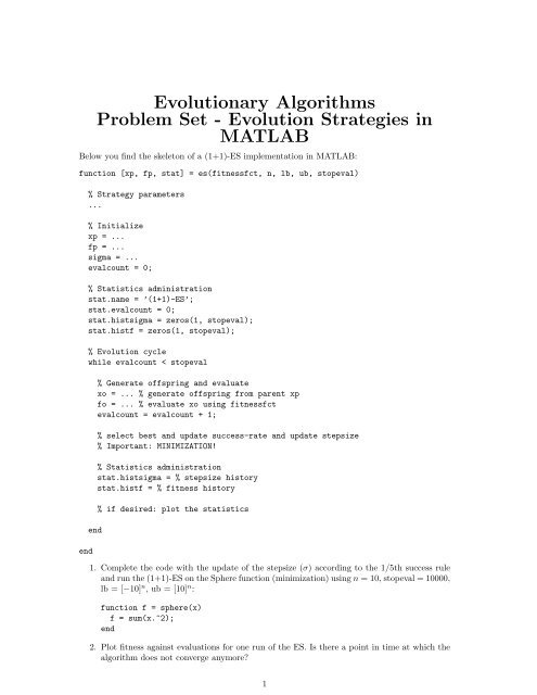Evolutionary Algorithms Problem Set - Evolution Strategies in MATLAB