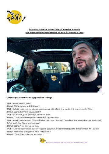 Dave dans le taxi de Jérôme Colin : L'interview intégrale Une ... - Rtbf