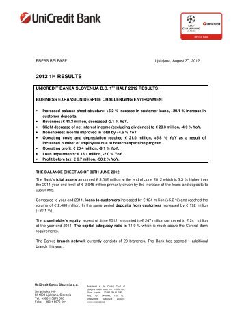 2012 1H RESULTS - UniCredit Banka Slovenija dd