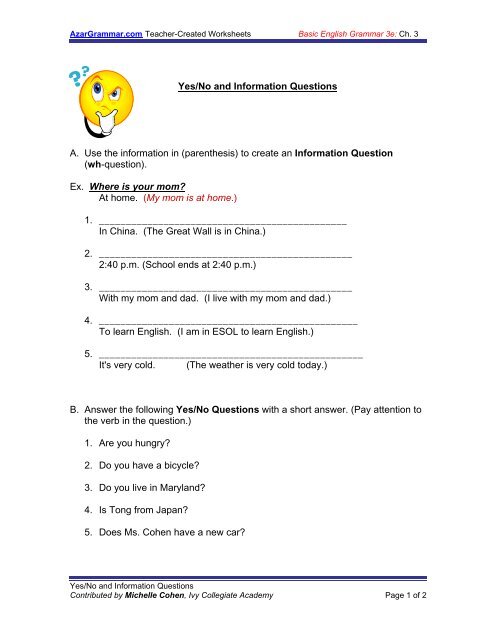 yes no and information questions azargrammar com