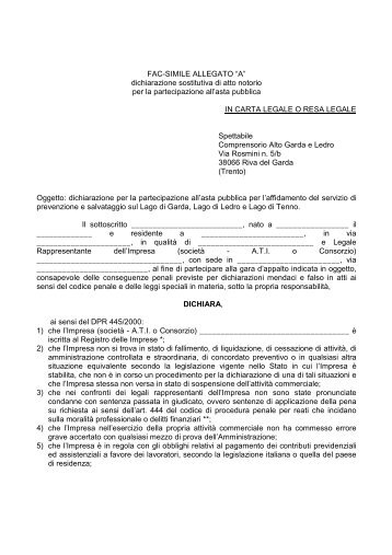 Allegato bando di gara - dichiarazione sostitutiva atto notorio