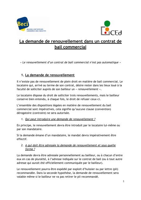 La demande de renouvellement dans un contrat de bail ... - BECI