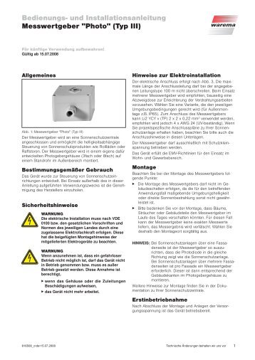 und Installationsanleitung Messwertgeber "Photo" (Typ III) - Warema