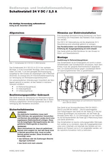 und Installationsanleitung Schaltnetzteil 24 V DC / 2,5 A - Warema