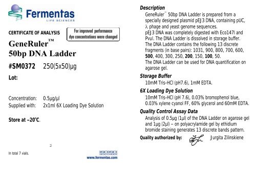 GeneRulerâ¢ 50bp DNA Ladder, #SM0372